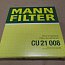 Фильтр воздушный салонный MANN-FILTER CU21008 автомобиля Kia Rio